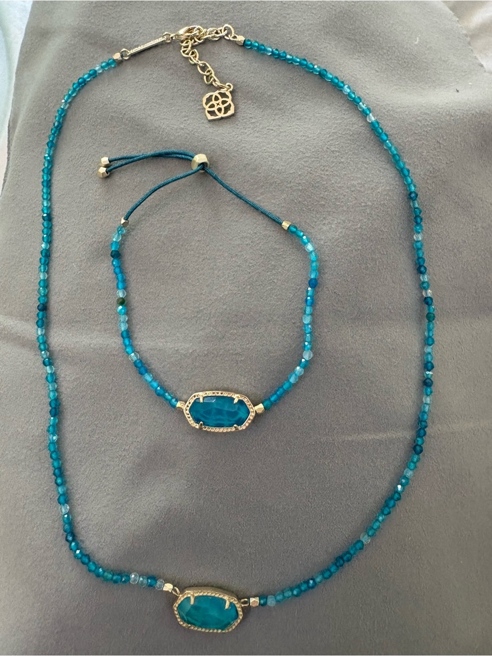 RARE Kendra Scott Teal Blue Beaded Necklace and Bracelet Set with Gold Accents